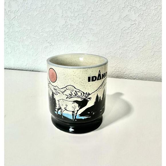 ISC Vintage Tan Speckled Idaho State Souvenir Coffee Mug Elk and Mountains Theme - Picture 2 of 6